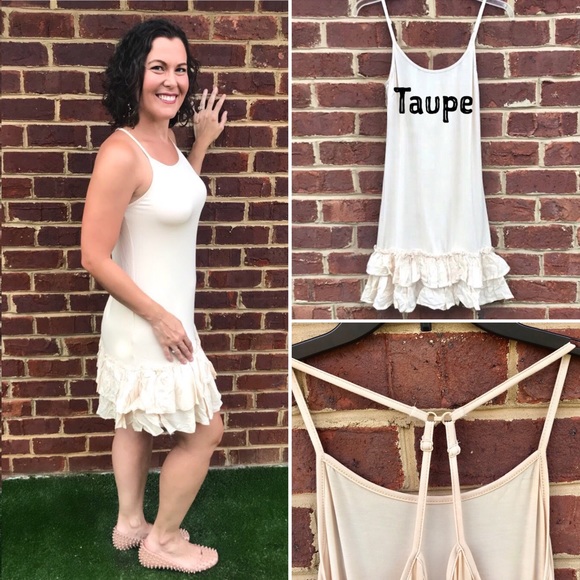 Taupe Double Ruffle Dress Extender Slip Layered Tiered Dress Multi-Way Strap - Picture 3 of 7